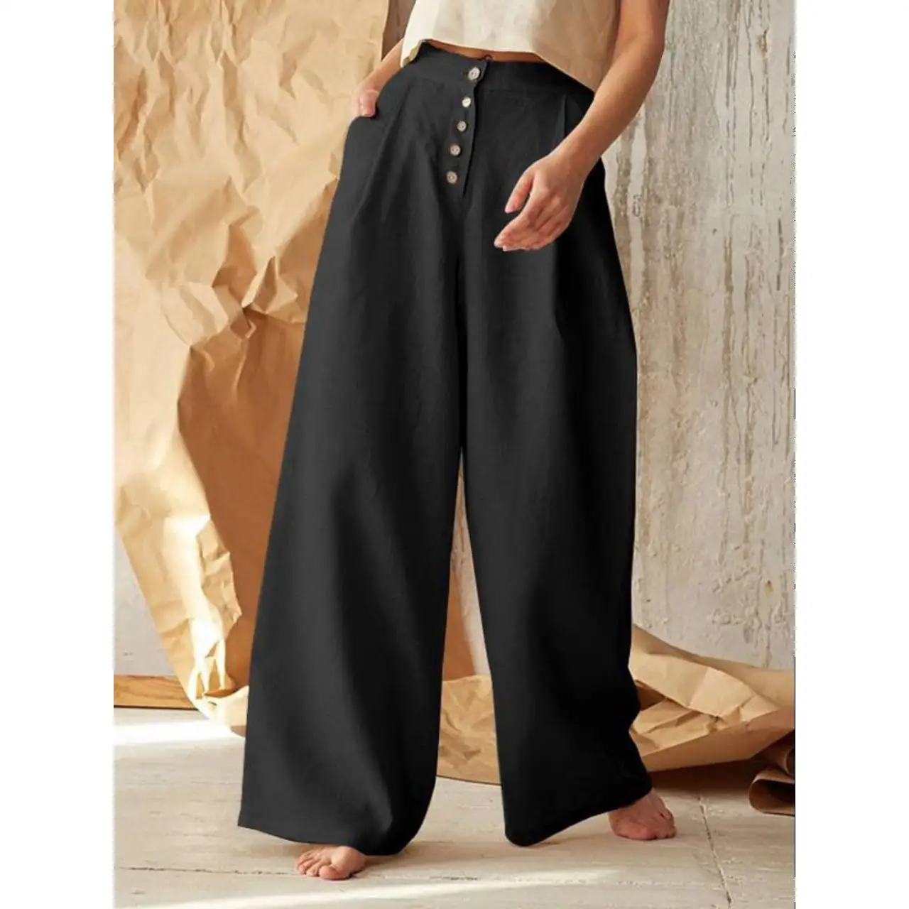 بنطلون نسائي واسع الساق من القطن والكتان، سروال فضفاض بخصر مرتفع وتصميم غير متماثل، مريح ومناسب للارتداء اليومي