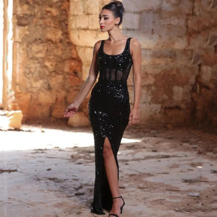 

Square Neck Black Lace Dress Floor Length Evening Dresses For Women Sparkly Long Prom Dress Sleeveless Woman Clothing