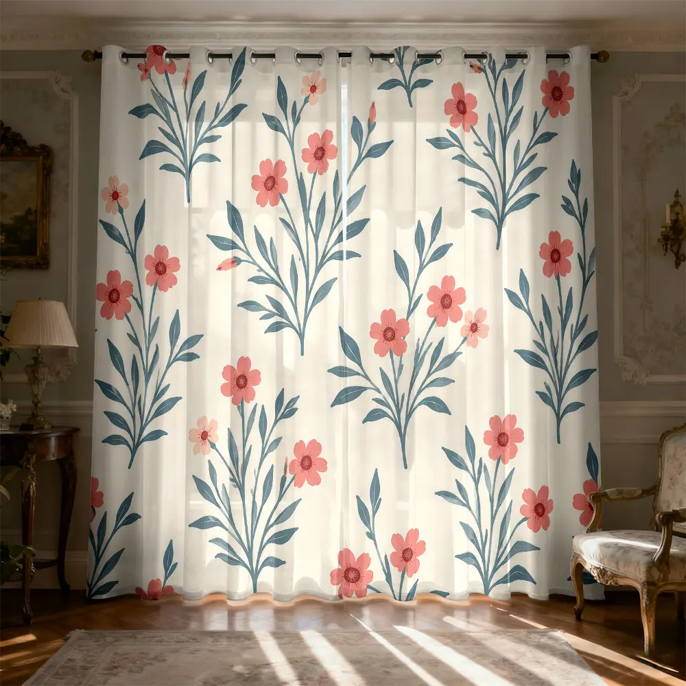 2pcs Boho Cottage Floral Blackout Curtains Pink Wildflower Green Leaf Print Thermal Insulated Drapes for Bedroom Living Room