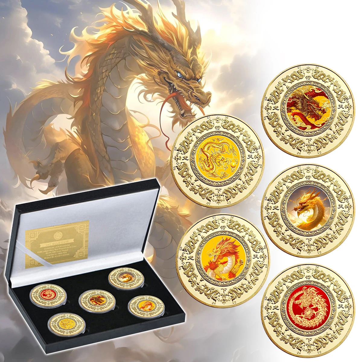 

5PCS Chinese Zodiac Year of The Dragon Commemorative Coins in Gift Box Feng Shui New Year Souvenir Collectible Birthday Gifts