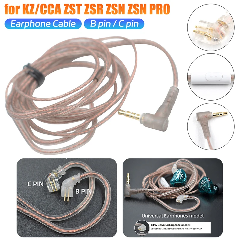 Earphone Cable For KZ ZST ZSR ZSN ZSN PRO/ZS10 PRO/AS16/AS12 Copper Earphone Wire Cord 0.75/0.78mm B/C Pin 3.5mm Jack with Mic