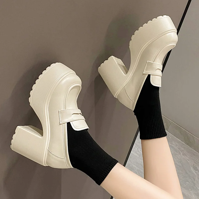 Lucyever Black White Chunky Platform Loafers Women 2023 Autumn Thick High Heel Pumps Woman Slip On Pu Leather Goth Shoes Female