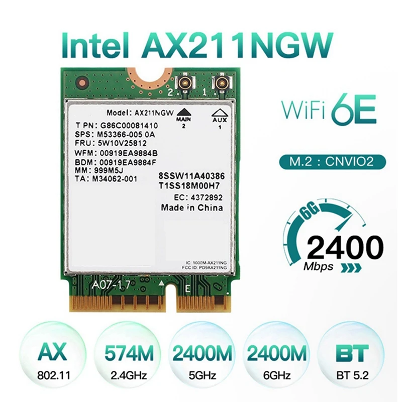 무선 네트워크 와이파이 카드, 블루투스 5.2, 2X 와이파이 6E, AX211NGW 트라이 밴드, 2.4G, 5G, 6Ghz, AX211, M.2 키, Cnvio 윈도우 10