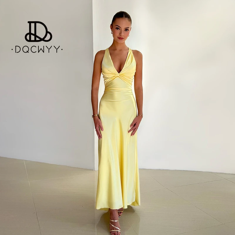 New 2025 Womens Dresses Summer Fashionable and Sexy V-neck Solid Strap Backless Long Skirt Slim Satin Beach Party Dresses