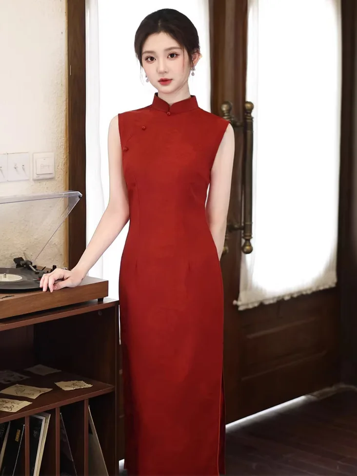 2026 Spring/Summer New Qipao Jacquard Sleeveless Long Red Toast Dress Engagement Qipao Dress