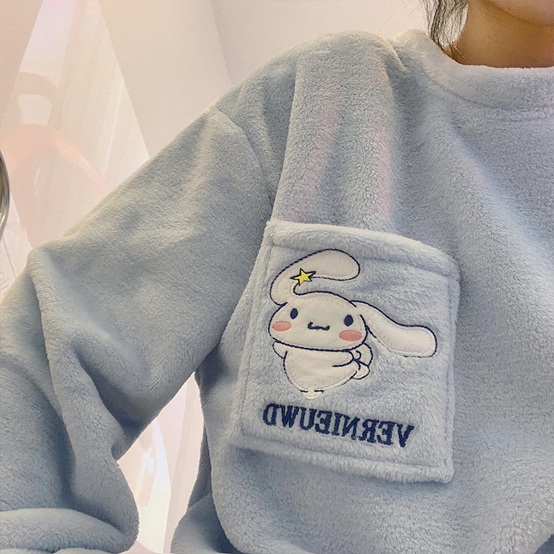 Sanrioed Cinnamoroll Women Plush Pajamas Set Kawaii Autumn Winter Home Clothes New Thicken Tops Pants Set Cute Cartoon Soft Girl