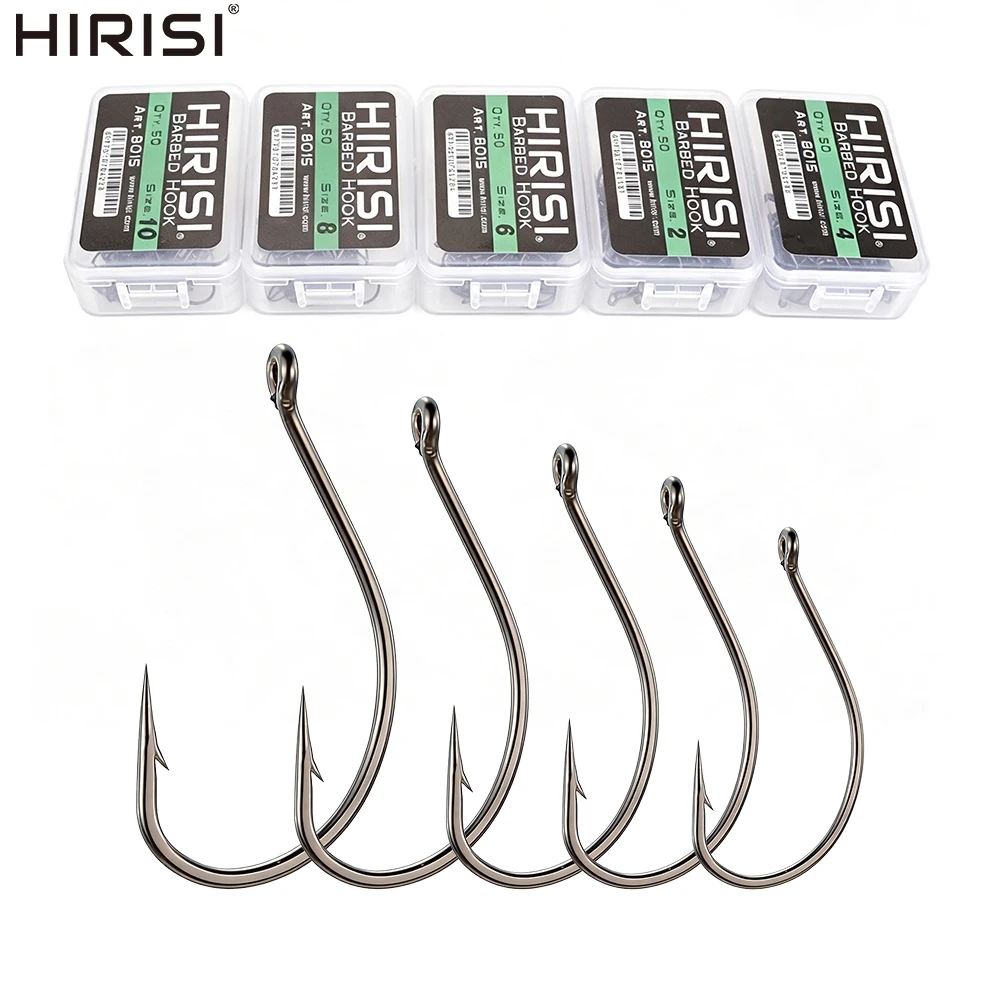 Hirisi 8015 100 Stück PTFE-beschichtete Angelhaken aus Hochkarbon-Stahl Rostfrei Scharf mit Widerhaken und Öse Angelzubehör
