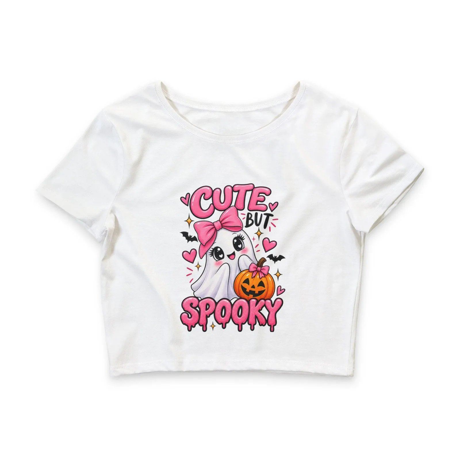 Cute But Spooky Ghost Crop Top Halloween Women's Cropped Tee Pink Bow Pumpkin Summer Short sleeved Harajuku streetwear Tops Tees