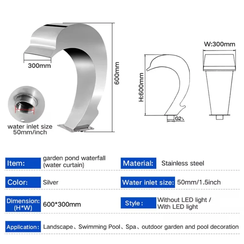شلال صناعي داخلي من الفولاذ المقاوم للصدأ 304، نافورة حمام السباحة
