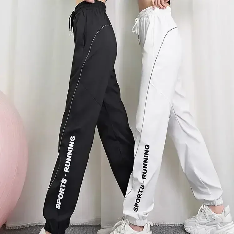 

White Female Pants Elastic Waist Joggers Sweatpants Black Letter with Pockets Jogging Sports Trousers for Women Fitness Clothes