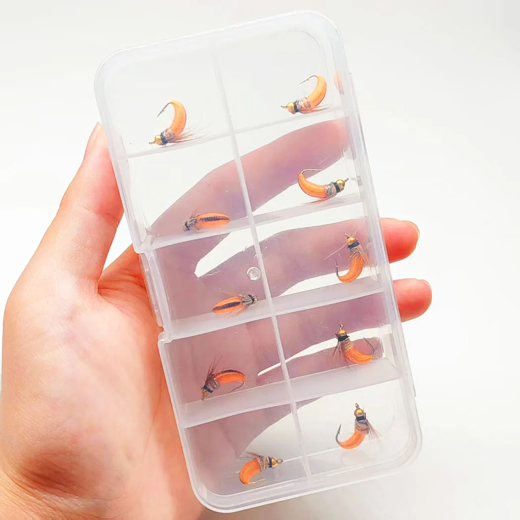 10 Stück-mit Fliegenbox Fliegenfischen Fliegen Künstlicher BeadHead Nymphe Orange Trockenfliegen Köder zum Angeln Forellen Nymphenköder – Detail 10