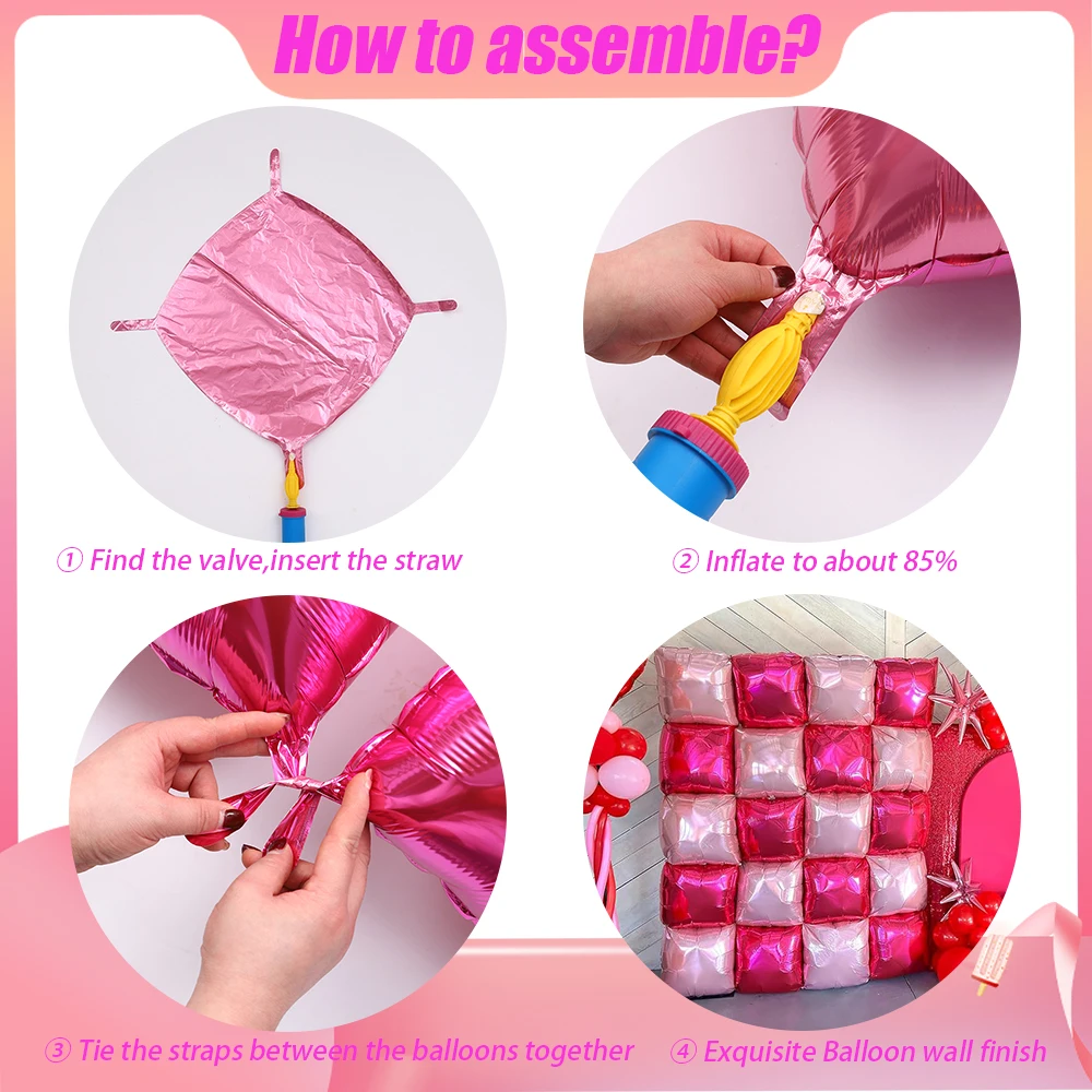 25/50Pcs Hot Rose Pink Flat Square Foil Balloons Double Sided Checkered Backdrop Balloon Wall Wedding Birthday Party Decoration