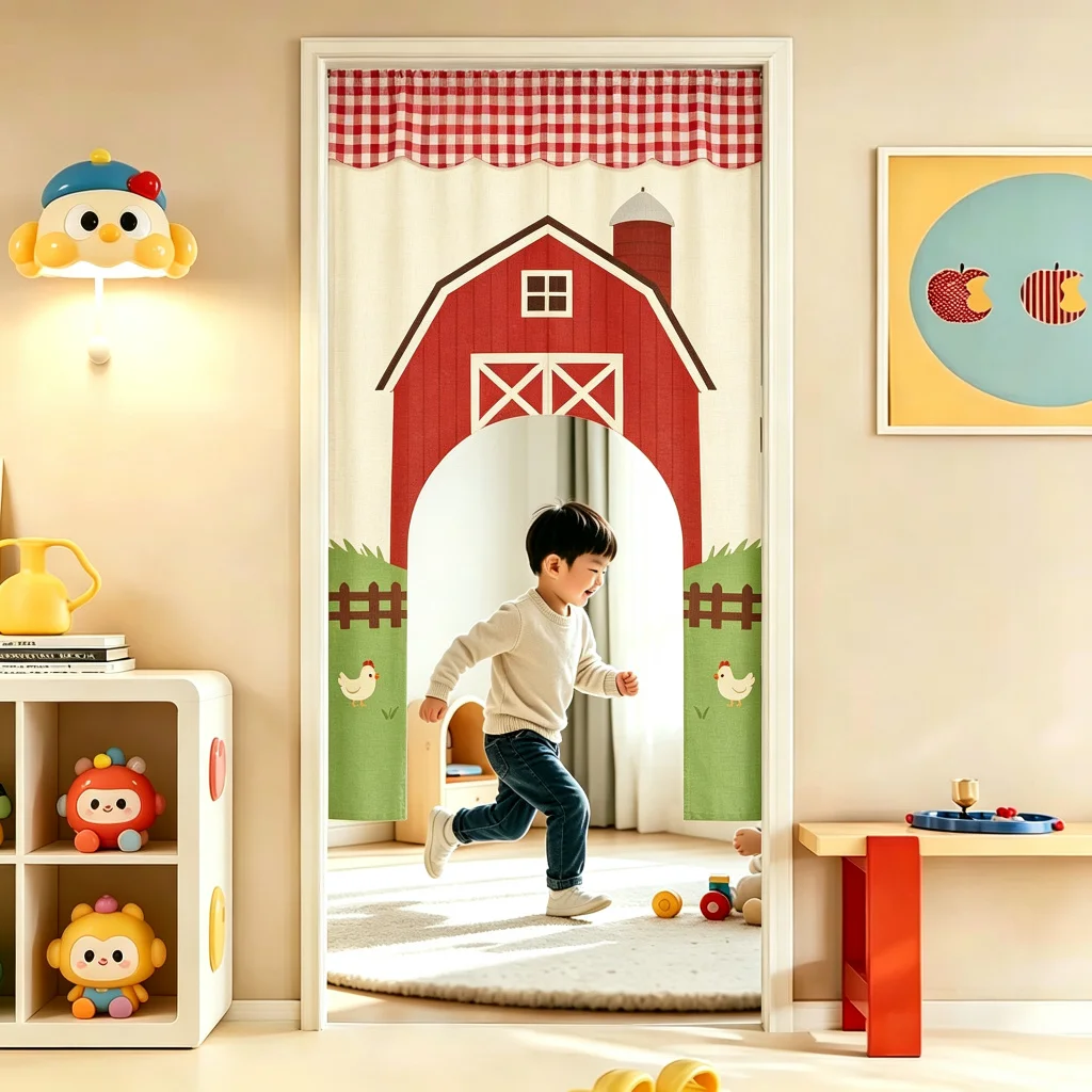 VIKAMA Red Barn Farm Arched Half Door Curtain Kids Room Bedroom Nursery Cotton Linen Short Curtain Privacy Partition Home Decor