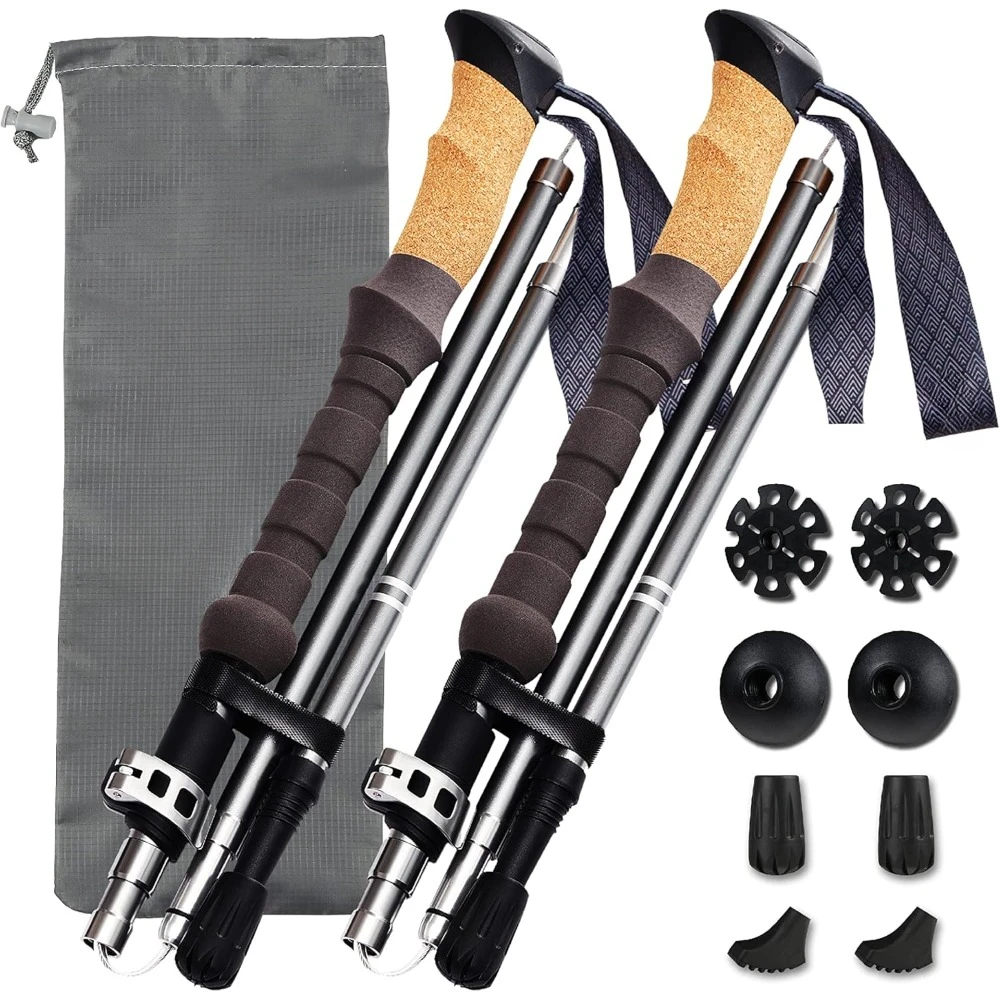 

Trekking Poles Collapsible Nordic Hiking Poles - Cork Handle 2pc Ultralight Folding Walking Sticks, Lightweight Hiking Sticks