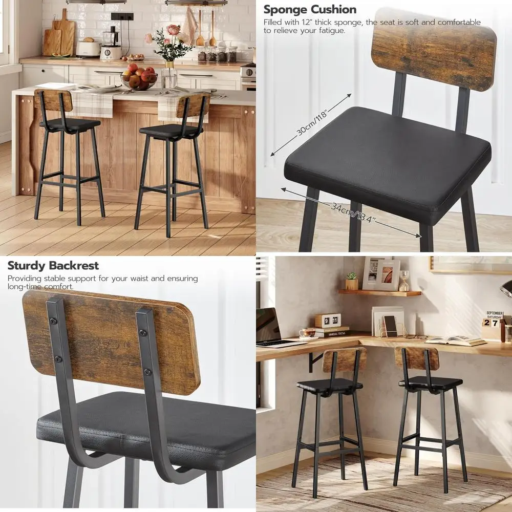 

Черные барные стулья, комплект из 2 высоких барных стульев с обивкой из ПУ, кухонные стулья для завтрака с подставками для ног, барные кресла, для кухни, столовой