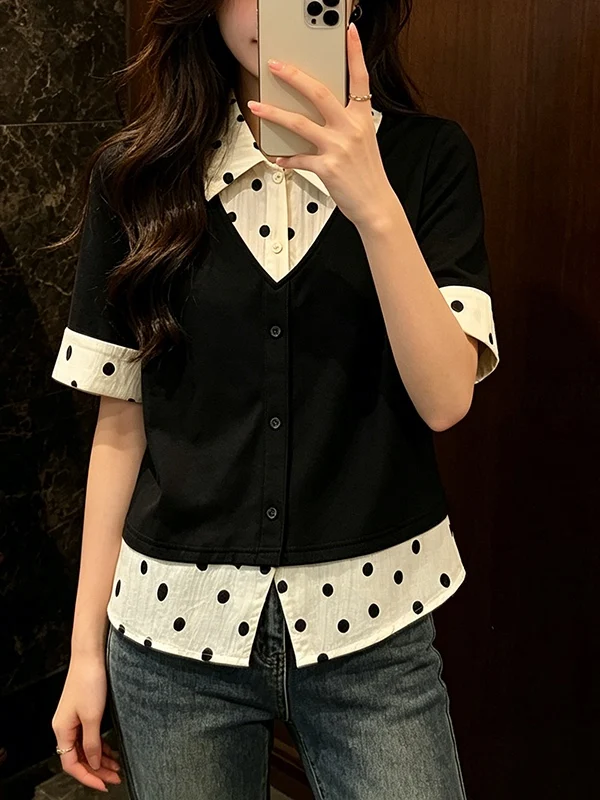 

plus Size Women's Summer 2026 Fashion Polka Dot Fake Two-Piece Shirt Versatile Short Sleeve Slimming Top Korean Style Commute...