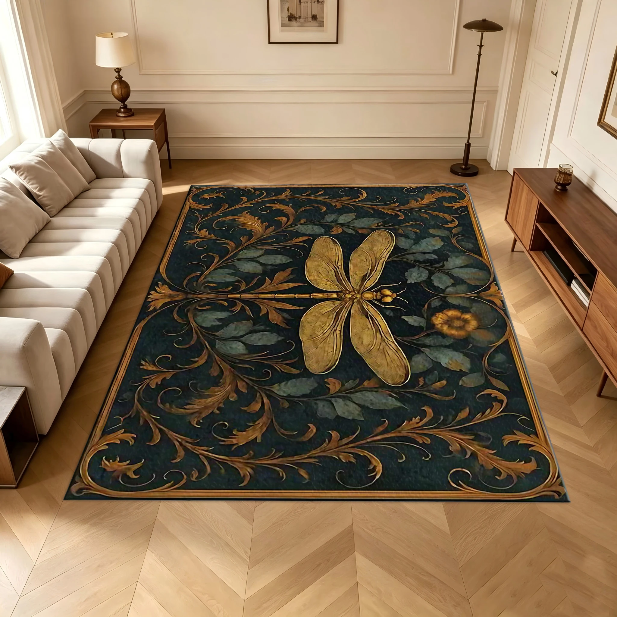 Vintage Golden Dragonfly Floral Carpet Retro Art Carpet Living Room Indoor Floor Mat
