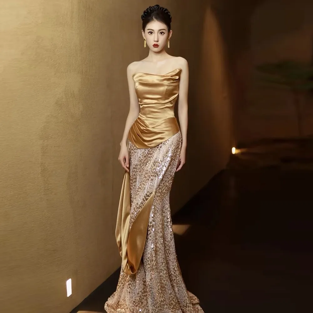 Opulent Golden Sequin Bustier Evening Dresses Celebrity Banquet Temperament Performance Long Dress 2024 New Bride Toast Gowns