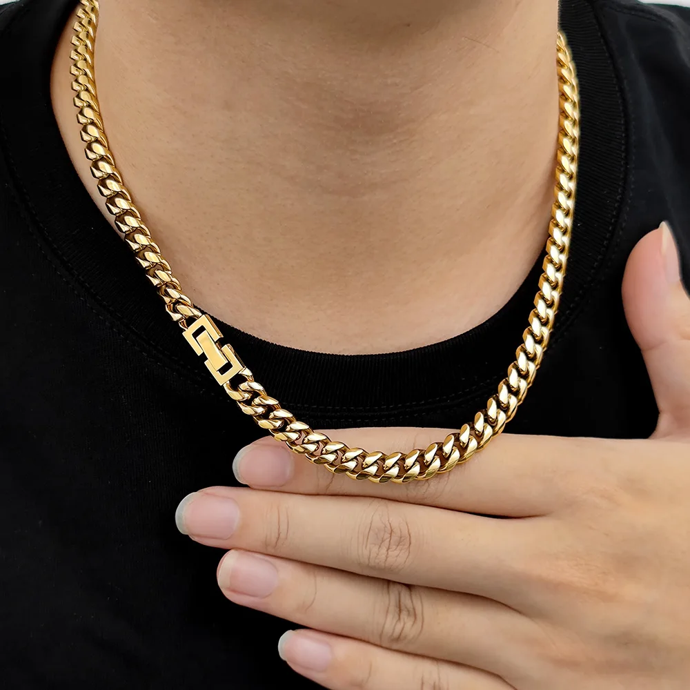 

HHIOK Stainless Steel Cuban Necklace Men 6/8/10/12/14/16mm Trendy Cuban Link Chain Bracelet High Polished PVD Plated