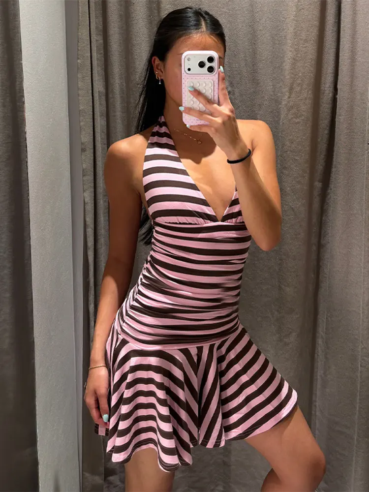 Damen-Minikleid mit tiefem V-Ausschnitt, rückenfrei, Neckholder, gestreift, charmantes, ärmelloses, plissiertes, schmales Partykleid mit Schnürung, neue Roben – Detail 19