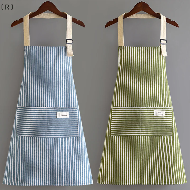 〔R〕Sleeveless Apron Breathable Hanging Neck Apron Restaurant Special Cotton Linen Home Cleaning Kitchen Apron Vertical Stripe
