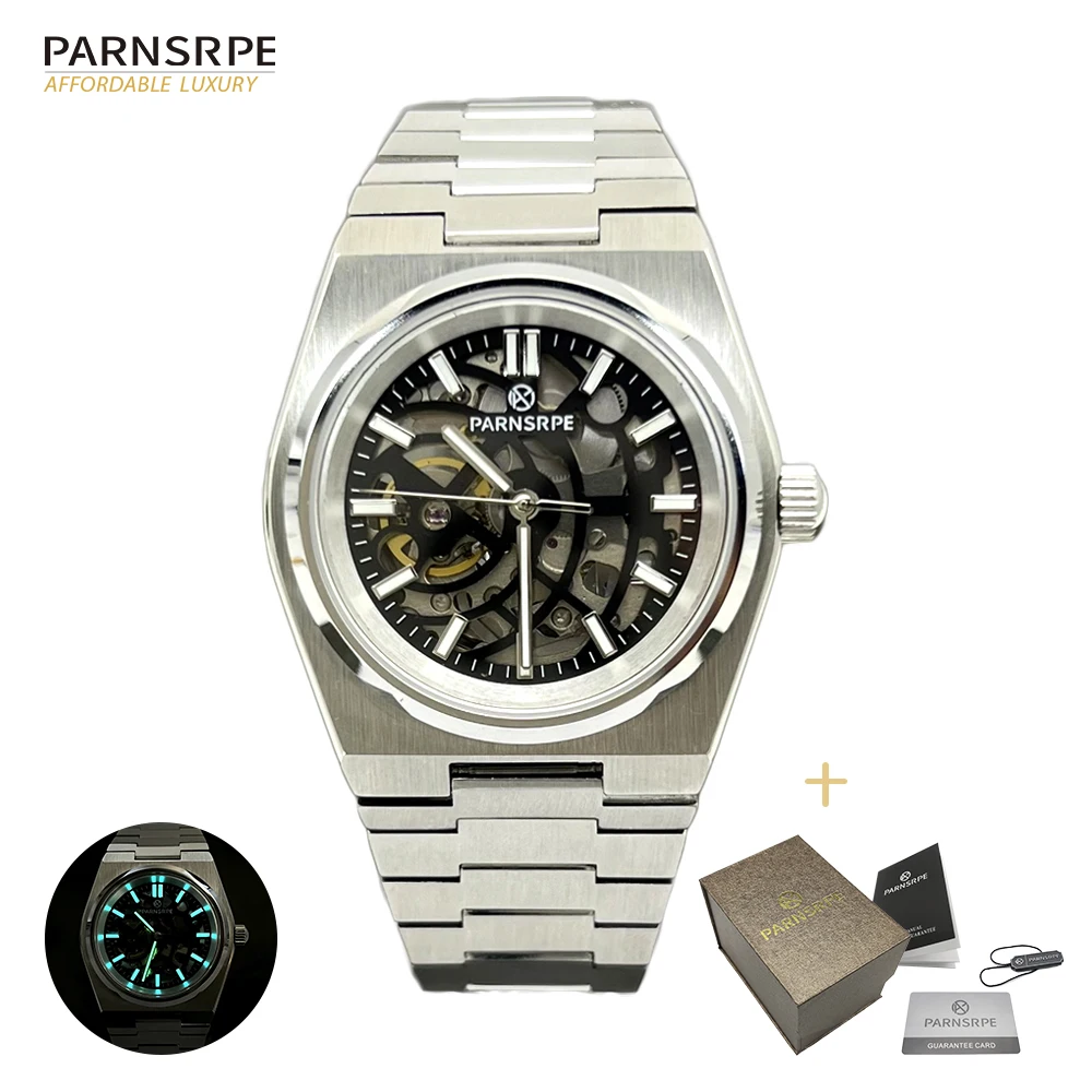 PARNSRPE NH70 40mm Skeleton Automatic Watch, Sapphire Crystal Exhibition Back Stainless Steel Case, Hot Sale Fashion Gift