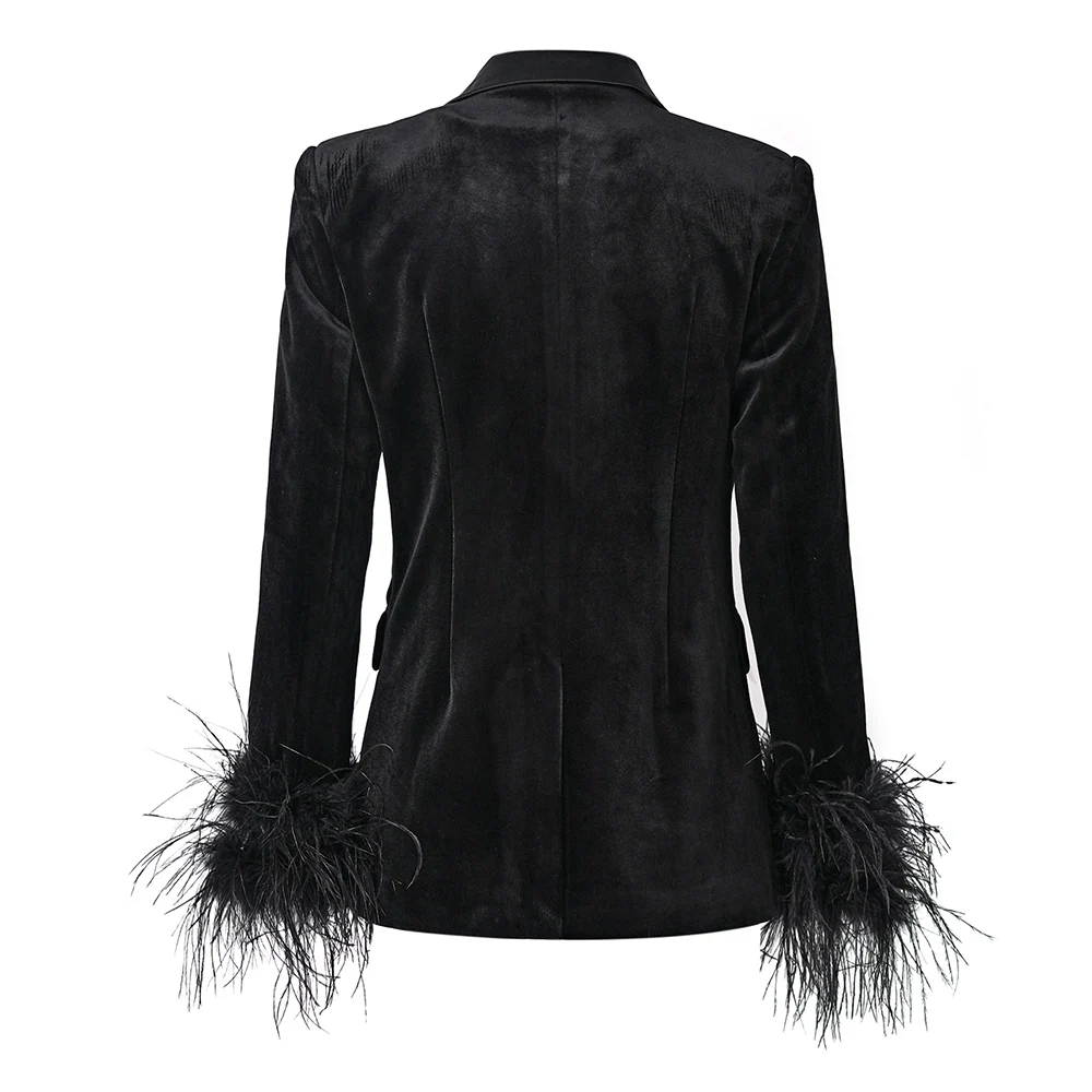 New Autumn Winter Women Black Fluffy Feather Patchwork Fashion Classic Velvet Blazer Quality Jackets