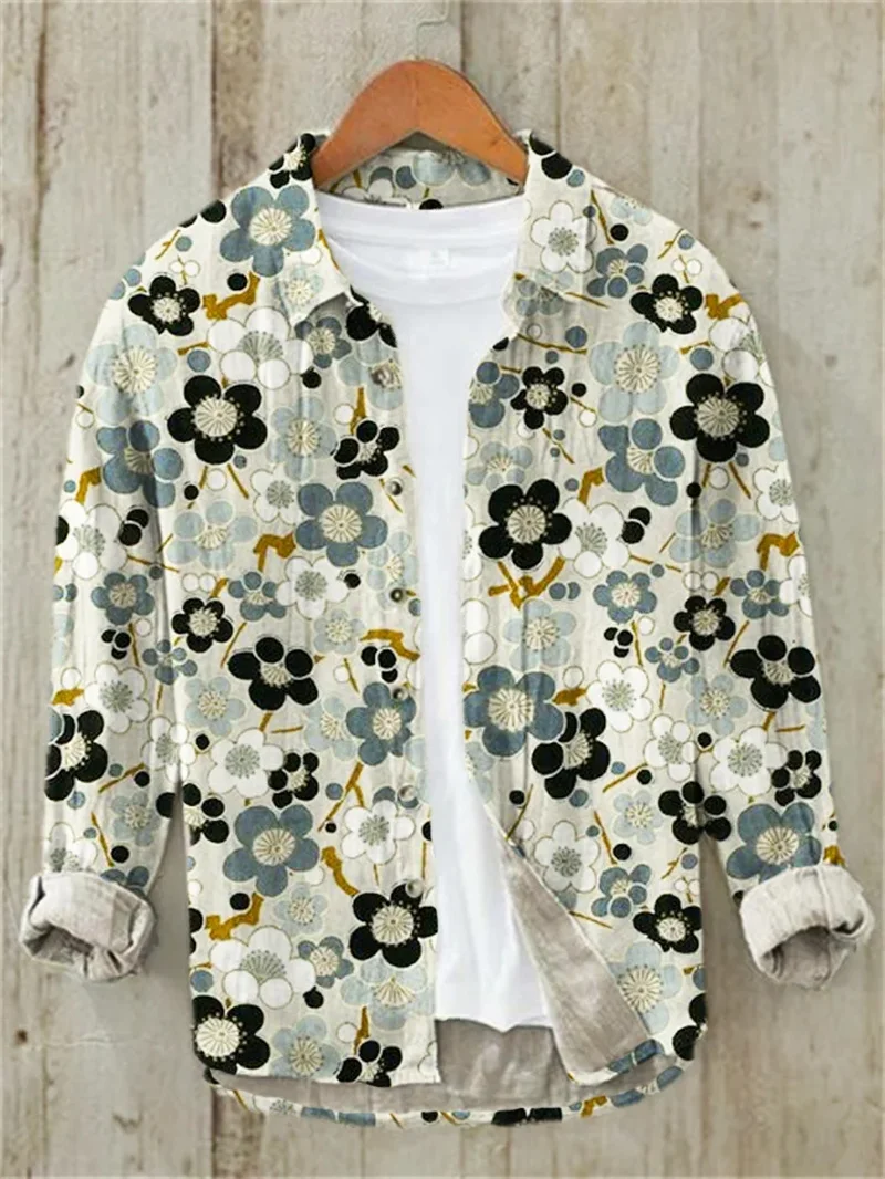 Men's Linen Long Sleeve Shirt 3D HD Flower Zipper Print Floral Series Casual Fashion Comfort Top
