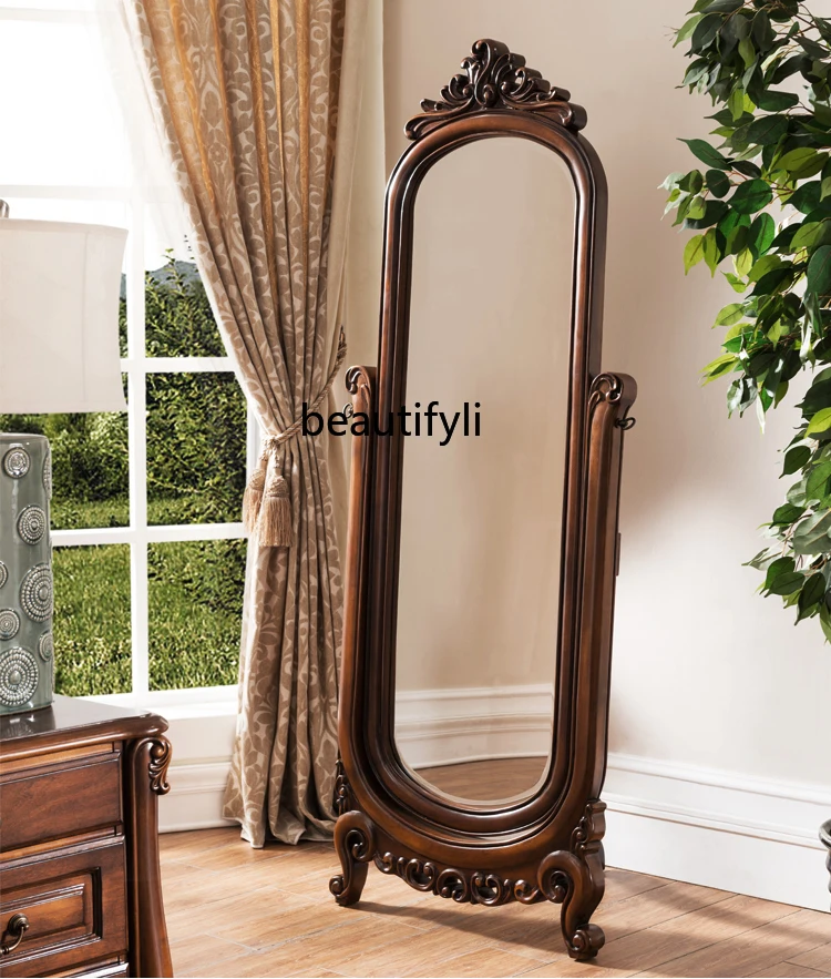 European-Style Solid Wood Dressing Vertical Floor Full-Length Mirror Retro Rotating Changing Mirror