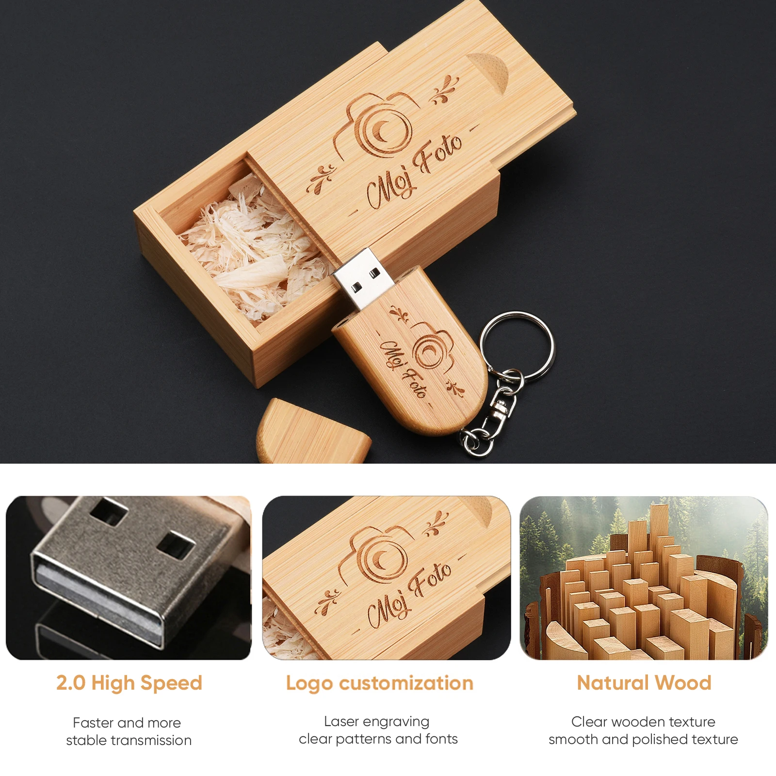 Free Custom Logo USB Flash Drive Memory Stick Key Chain Wooden Box Pen Drive Storage Device Pendrive 128GB 64GB 32GB 16GB 8GB 4G