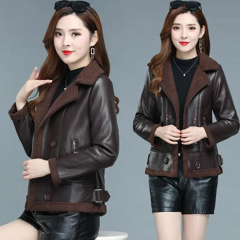 Fashionable Short Leather Coat Winter  New women's Clothing Loose Fit Thin Autumn Winter Fleece Women's Fur One Body Warm  Coat