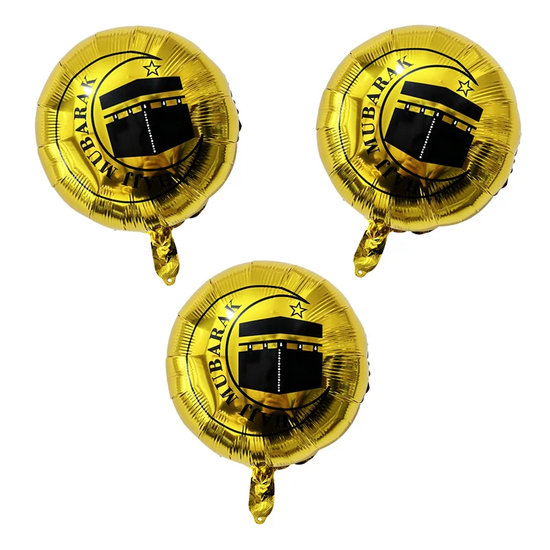 

3Pcs 18inch Gold Round Hajj Mubarak Kaaba Moon Star Print Foil Balloons Islamic Muslim Umrah Ramadan Party Home Decor Supplies