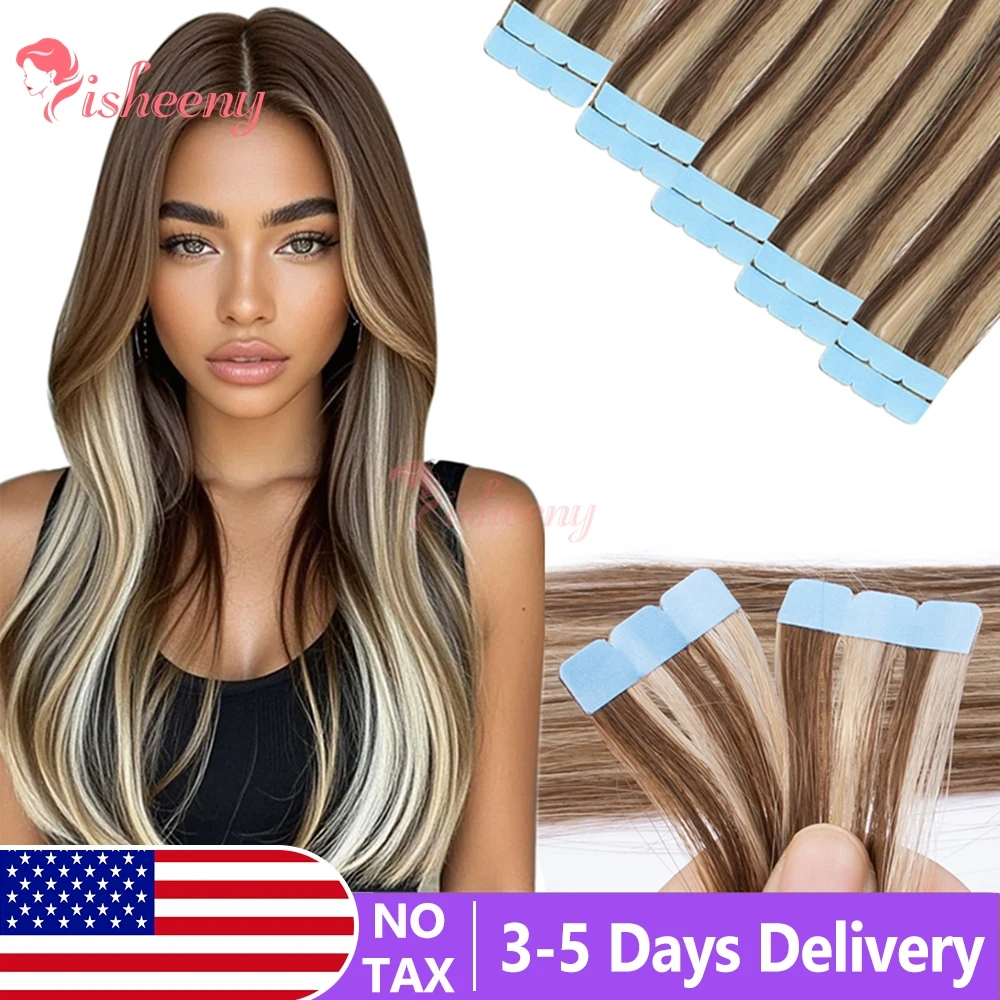 

Tape In Human Hair Extensions 12"-24" Highlight Blonde Mini Tape Hair Straight Machine Remy Invisible Adhesive Tape Hair 10pcs