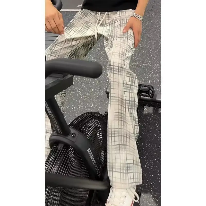 Cleanfit Deep Blue Plaid Men's Retro Straight Leg Sports Casual Pants Couple's Trendy Brand Straight Cut Long Trousers