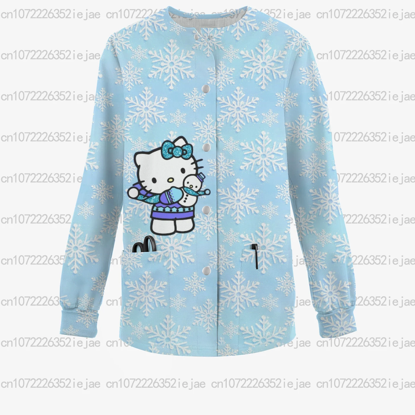 الشتاء المرأة ممرضة موحدة مطبوعة عيد الميلاد مرحبا كيتي التمريض جيب متجمد أعلى الحيوانات الأليفة متجر مستشفى سترة طبية أعلى