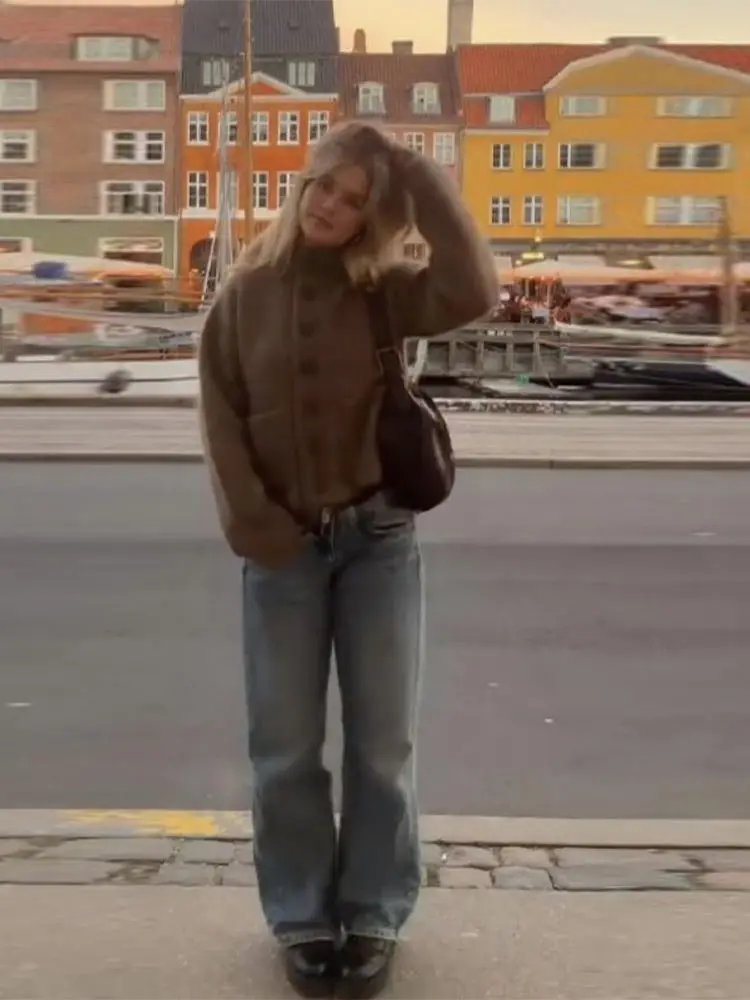 سترة صوفية ممزوجة غير رسمية لخريف وشتاء بياقة دائرية وأكمام طويلة معطف جيب واحد الصدر 2025 ملابس سيدة جديدة متينة عالية الشارع