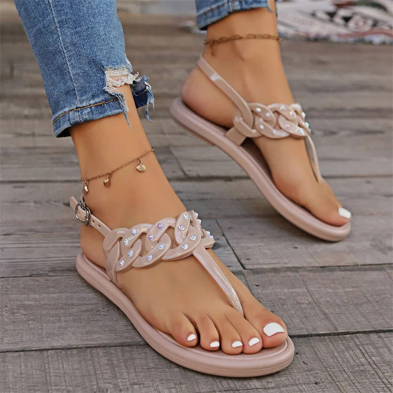 Summer Fashion Women Comfortable Round Toe Crystal Sandals Herringbone Large Size Sexy Flat Bottom Buckle Slip-on Slippers Beach