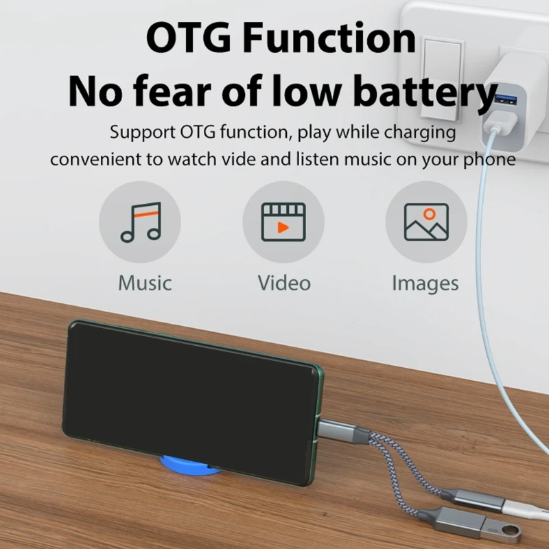 USB C OTG Adapter, 2 in 1 USB C Splitter with PD10W Fast-Charging Type-C Otg and USB A Female Port Nylon Braid Cable