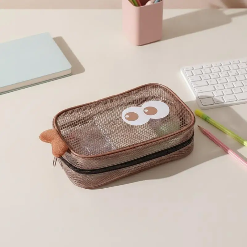 Cute Cartoon Mesh Cosmetic Bag Ultra Portable Transparent Zipper Pouch Fits Purse Backpack for Travel Daily Use