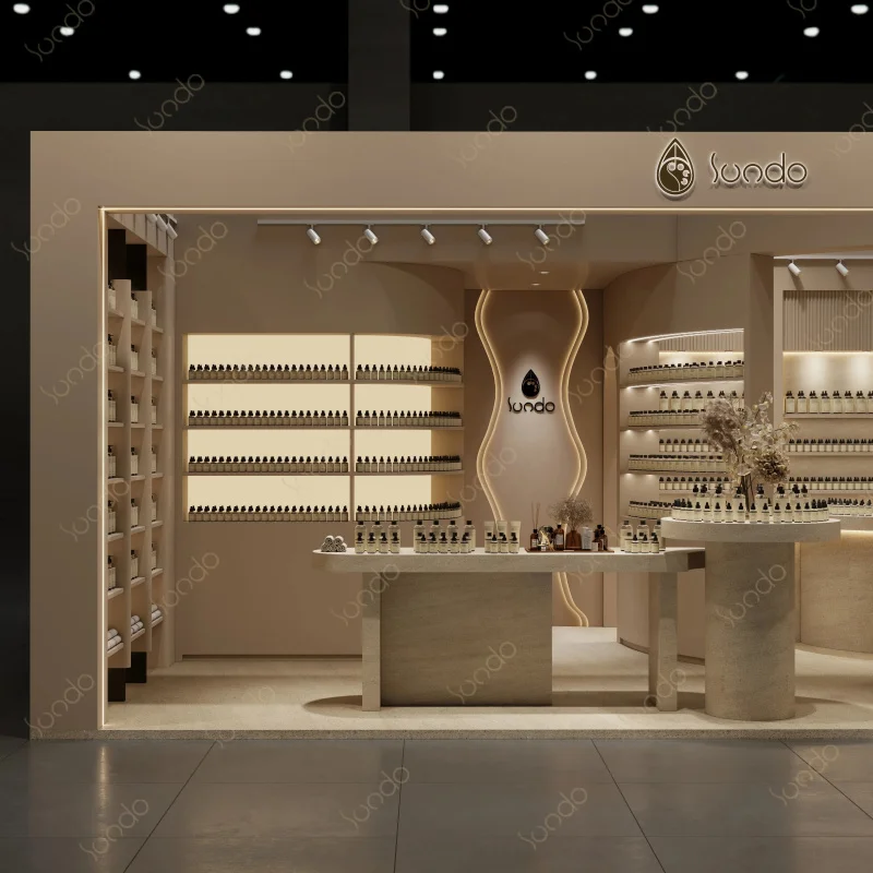 custom.Luxury Perfume Bar Display Showcase Custom Fragrance Shop Fixtures LED Lighting Complete Interior Build