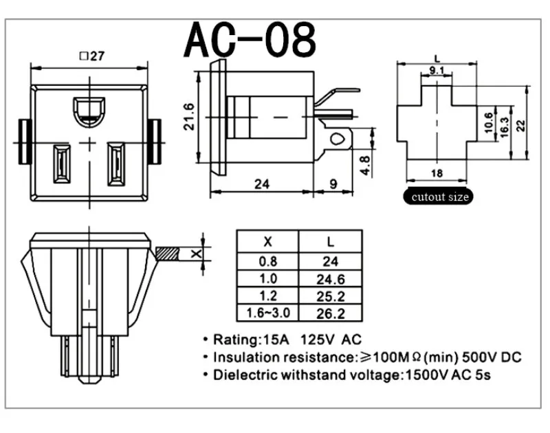 Wechselstromversorgung, dreipolige T-förmige Steckdose, Schalter mit Licht, Stecker-/Buchsenanschluss für das Stromkabel – Detail 6