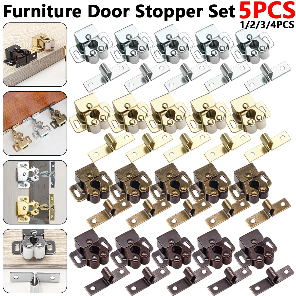 Furniture Door stoppers antique copper color Cupboard Cabinet Door roller Latch Twin Double Catches with striker and free Screws