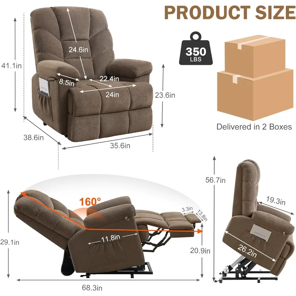 Large Power Lift Recliner with Heating and Massage, Chenille Lift Chair for Living Room, 1PCS, Brown