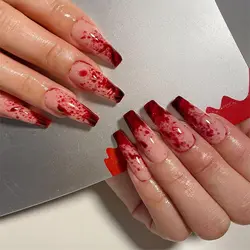 24 Pcs Halloween  Horror Gothic Press on Nails Long Coffin Scary Bloody Design Acrylic Glossy Artificial Nails for Women Girls