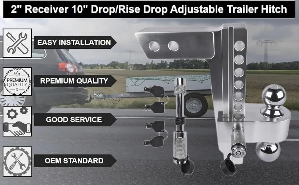 AP03 Aluminum Adjustable Trailer Hitch Ball Mount, Fits 2" Receiver, 10" Drop/Rise Drop Hitch, 12,500 LBS GTW, 2" and 2-5/16"