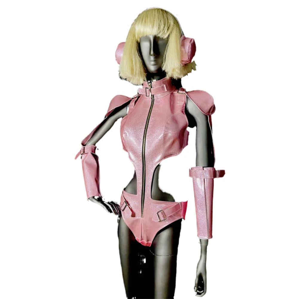 

Pink Laser Leather Cutout Bodysuit One Piece Nightclub Bar Women Dancer Singer Sexy Stage Performance Dance Costume