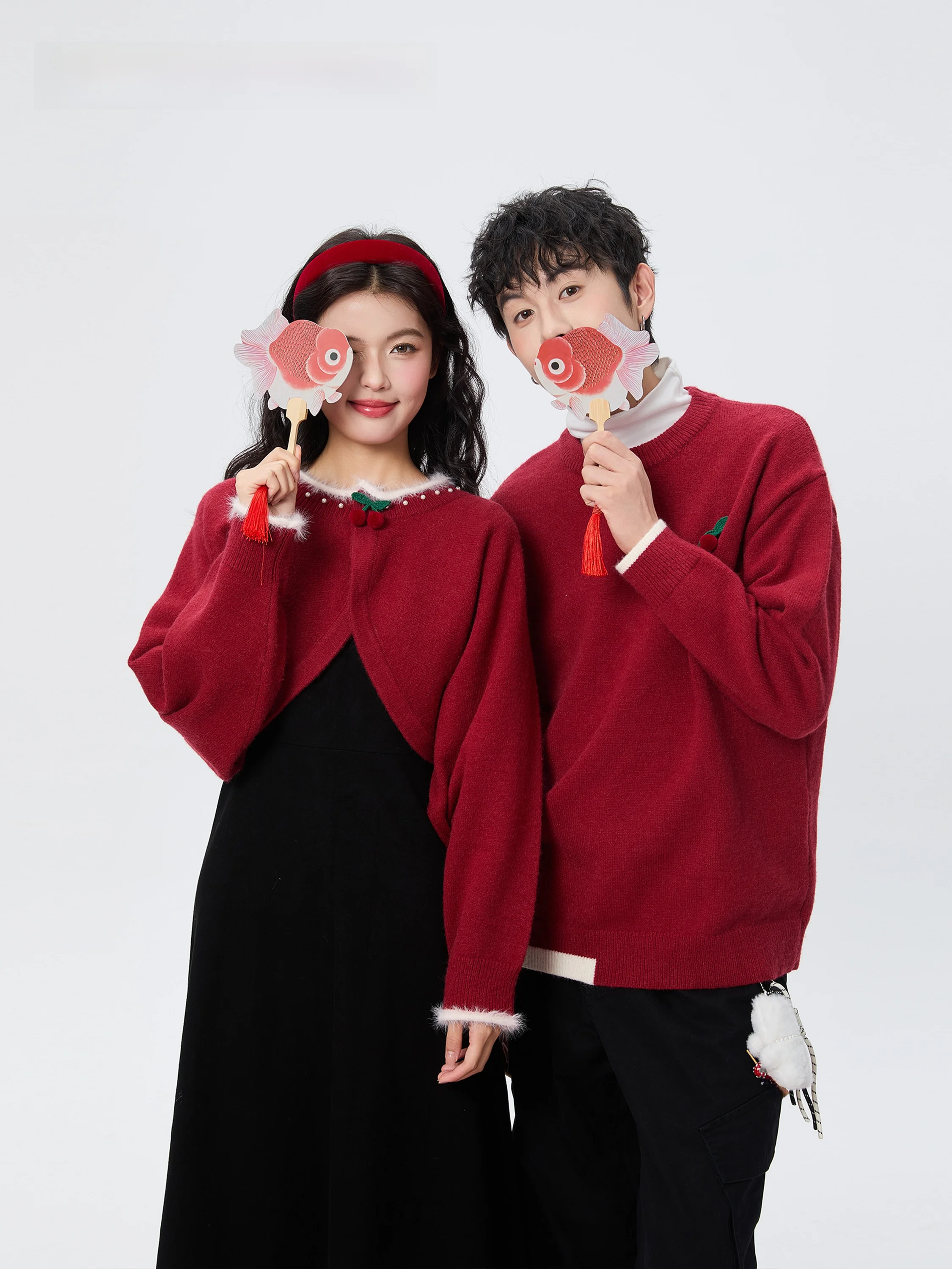 

Couple's Red Two-Piece Sweater Dress Autumn Winter New Year's Outfit for Men And Women Tryforlove Sweet Style Loose Fit Knitted
