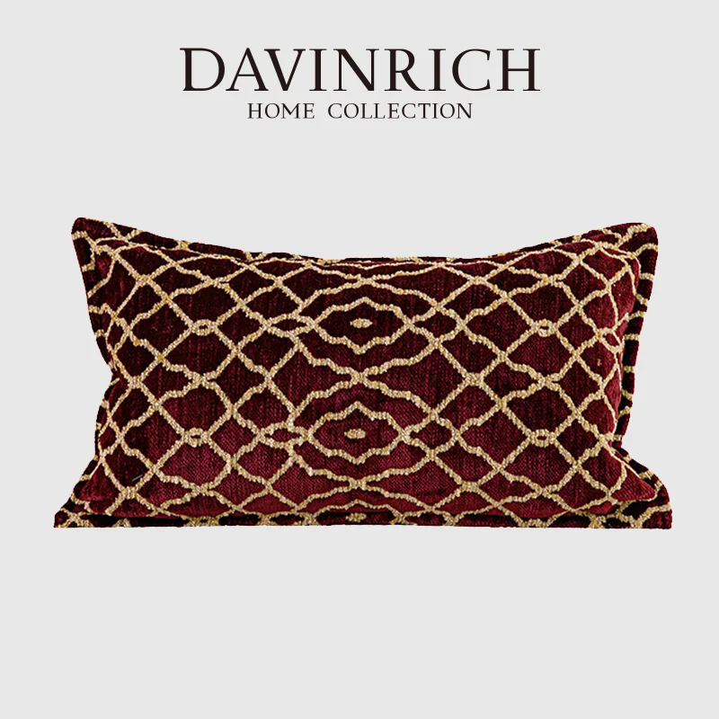 davinrich-ヴィンテージ-バーガンディ-ゴールド-セレスティアル-グリッド-ジャカード-クッションカバー-ベネチアンスタイル-タイムレスデザイン-ランバーピローケース-30x50cm