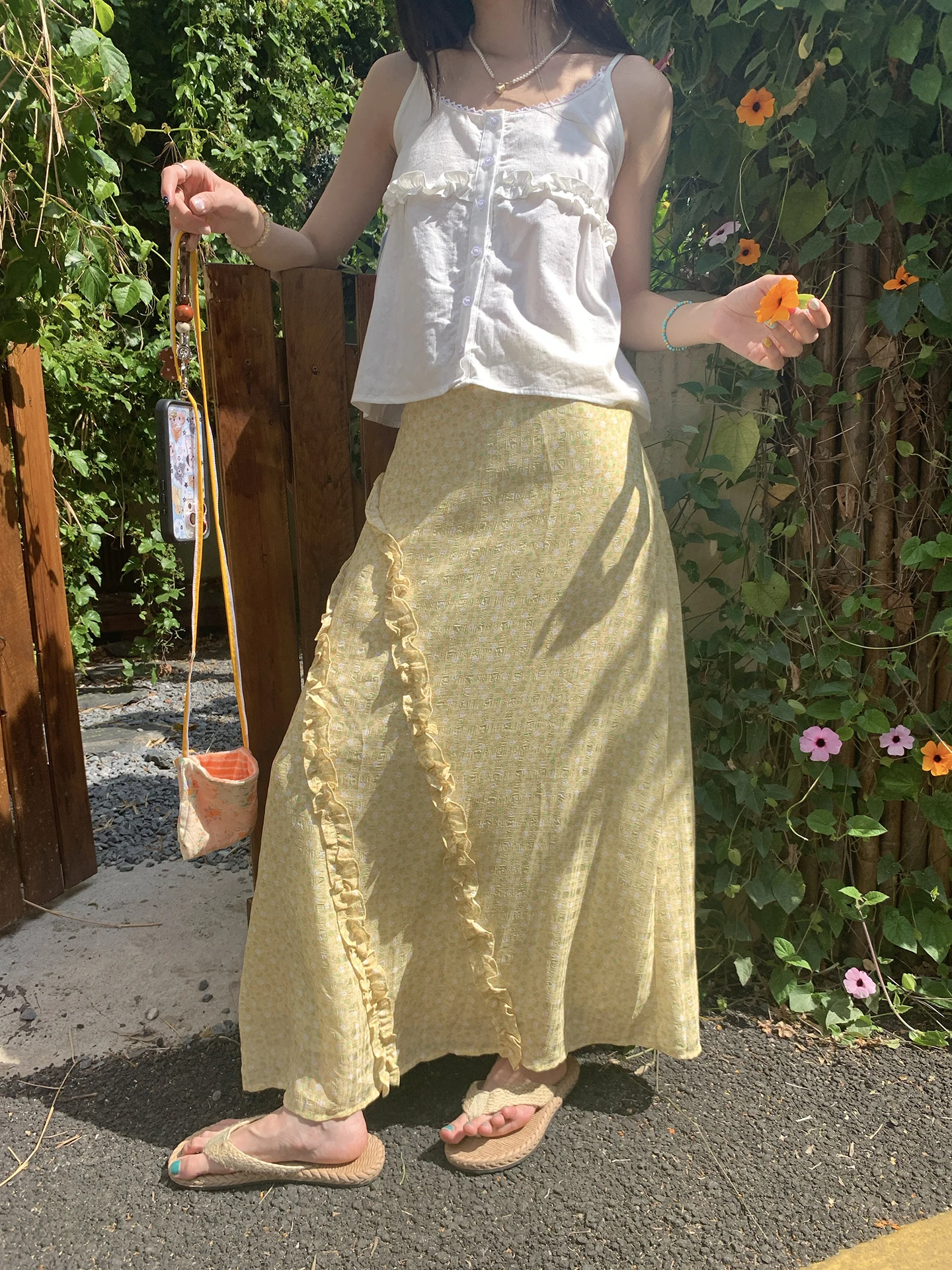 

Hollyii Korean Style Sweet Floral Asymmetrical Half-length Skirt Maxi Dress with Wood Grain Splicing Spring Summer New A...