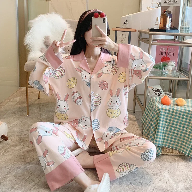 New Cartoon Cute Printed Pajamas Women's Spring Autumn Women's Long-sleeved Trousers Cardigan Spring and Autumn Loungewear Suit